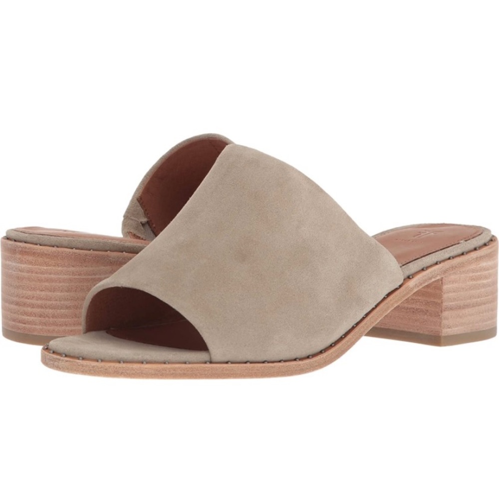 EUC Frye Cindy Suede Mule Heeled Sandal in Cement - size 6.5